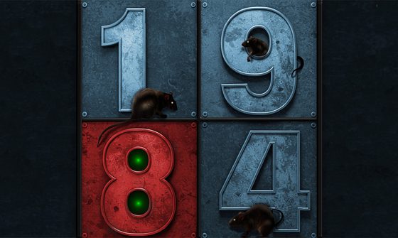 Metal tiles display the number “1984”; the 1, 9, and 4 are blue with mice standing by them, while the 8 is on a red tile with green lights shining through its holes.