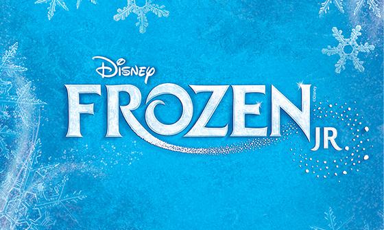 White writing 'Disney Frozen Jr' on a blue background with a blue background