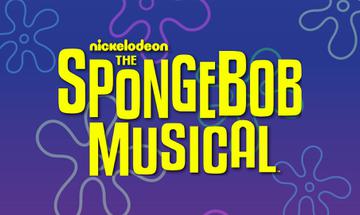 Yellow text 'nickelodeon THE SPONGEBOB MUSICAL' on a blue floral background