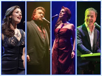 A four-panelled image of the singers (Andy Reiss, David Fawcett, Katie Leeming, Poppy Tierney) from Beyond the Barricade