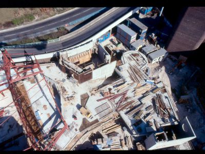 A birdseye view photo of The Anvil with lots of building equipment around and all the walls and flooring are white, but you can start to see the building layout