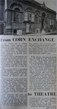 A photo of a newspaper clipping with the headline From Corn Exchange to Theatre which features a photo of The Haymarket with an entrance in the centre of the main building and lots of large advertisements outside