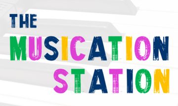 "The Musication Station" in multi-coloured font on a grey and white background