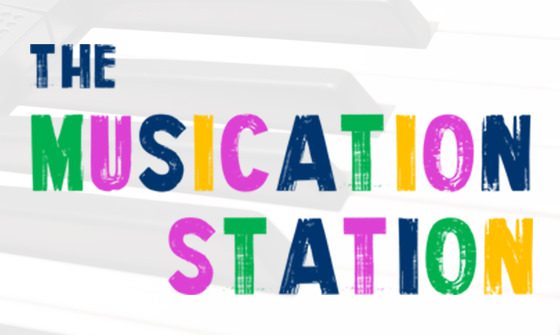 "The Musication Station" in multi-coloured font on a grey and white background