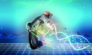 A young dancer is transported magically across a futuristic looking landscape