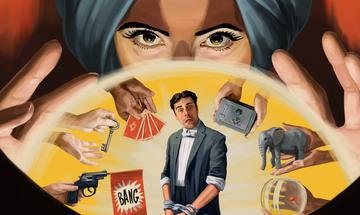 A paint style image of a women with her hands around a crystal ball. Inside a man in handcuffs surrounded by a range of items (a prop gun, a key, playing cards, a safe, an elephant, and a fish bowl)