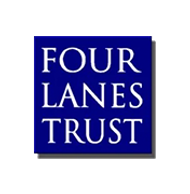 Blue square with white text 'Four Lanes Trust'