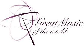 Logo for "Great Music of the World" with elegant script and abstract globe design in purple and black