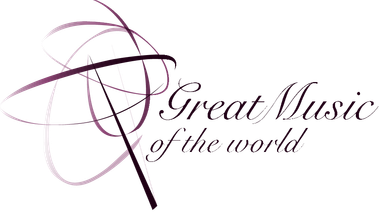 Logo for "Great Music of the World" with elegant script and abstract globe design in purple and black