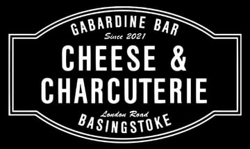 Black and white logo for Gabardine Bar, featuring 'Cheese & Charcuterie' in bold letters, and 'Basingstoke' at the bottom, established 2021