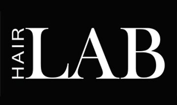 A logo with the words "HAIR LAB" arranged in a specific style. The text "HAIR" is written vertically on the left side, while "LAB" is written horizontally in large letters. The background is black, and the text is in white, creating a high-contrast design