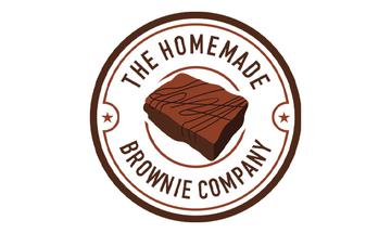 a brown circle with the words The Homemade Brownie Company inside, as well as a picture of a brownie in the middle