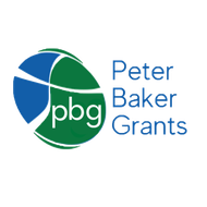 A blue and green circle with lines through it creating a cross with 'pbg' in the bottom right corner. To the right is blue text reading 'Peter Baker Grants'