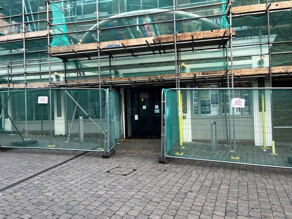 The entrance to The Haymarket, surrounded by scaffolding