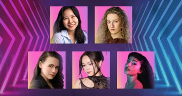 On a dark background with neon pink chevrons on the left and blue ones on the right, there are five photographs of different young women all on a pink background