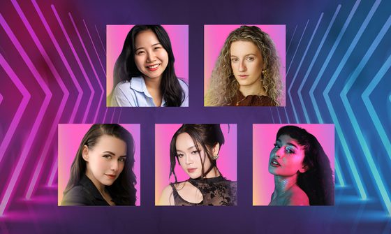 On a dark background with neon pink chevrons on the left and blue ones on the right, there are five photographs of different young women all on a pink background