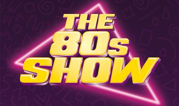 "The 80s Show" written in big yellow text in front of a pink neon triangle, on a dark purple background