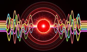 A red circle with colourful sound waves going into it