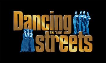 "Dancing in the Streets" in gold text on a black background, with blue silhouettes of Motown singers either side