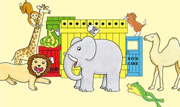 Illustrated image of animals (lion, giraffe, monkey, snake, elephant, frog, dog, and a camel) on a pale yellow background