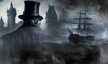 A man in black with a top hat stands with his back to the picture. In front of him is a creepy castle, and to his right is an old ship on stormy seas