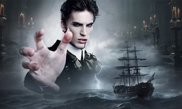 A large image of a young, pale Dracula with blood running out of his mouth and his hand stretched forward. There's candles in the background behind him. In the foreground is a rough ocean with lightning and a large galleon ship