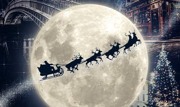 A dark background with images of a bridge, the Giants Causeway, a Christmas tree, festive shops and in the middle Santa in his sleigh with the reindeer flying past the moon