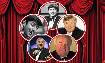 Five photos of Jimmy Tarbuck at various ages within circular frames on a red theatre curtain background