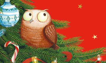 An illustration of an owl perched in a Christmas tree. A blue and white bauble, a red and white striped candy cane, and a few fair lights are also on the tree. The tree is on a red background with gold stars.