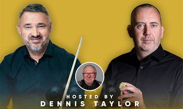 Stephen Hendry and Mark Williams looking at the camera, holding snooker cues. The words "hosted by Dennis Taylor" run along the bottom, below a circular photo of him