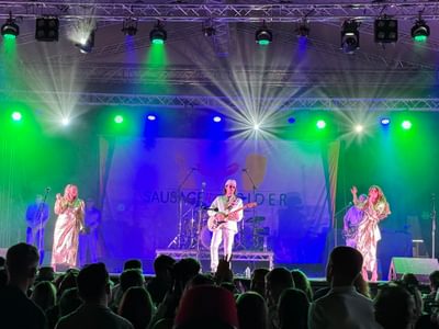 A vibrant stage performance features a band with two singers in shimmering outfits and a guitarist, under colourful green and blue lights, in front of a lively crowd