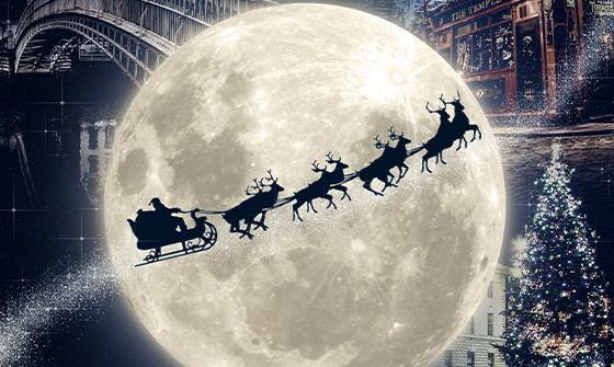 A silhouette of Santa in a sleigh pulled by reindeer flies across a large, glowing moon, set against a festive Irish cityscape background