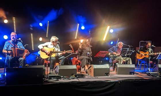 A five-member folk band (Albion Band) performing on stage, each playing different acoustic instruments under warm lighting and blue spotlights