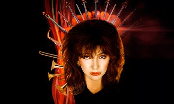 A photo of Kate Bush's head surrounded by red light on a black background. Coming out of her head are various instruments including, a trumpet, saxophone, and violins among others