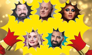 Charlie Baker, Dara Ó Briain, Michelle De Swarte, Harriet Kemsley, and Peter Rethinasamy's faces in explosion shaped bubbles with a large yellow explosion bubble behind them with two halves of a Christmas cracker either side