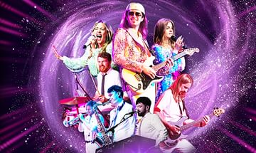 A vibrant collage of eight musicians performing, surrounded by swirling purple and pink lights. They play guitars, a saxophone, and keyboard