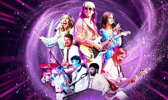 A vibrant collage of eight musicians performing, surrounded by swirling purple and pink lights. They play guitars, a saxophone, and keyboard