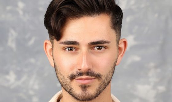 A young man with dark hair style into a quiff with stumbly facial hair, and a cream shirt that is open at the top exposing his chest hair and silver necklace, smiling softly at the camera