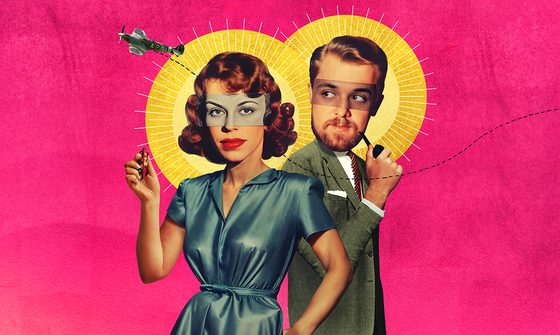 A man and woman in 40s style clothes stood against a pink background with suns behind their heads. Their eyes have been covered over with images of other peoples eyes and their is a small spitfire flying above them