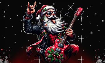 A cartoon Santa Claus in a black leather jacket playing an electric guitar adorned with holly. He raises one hand in a rock gesture