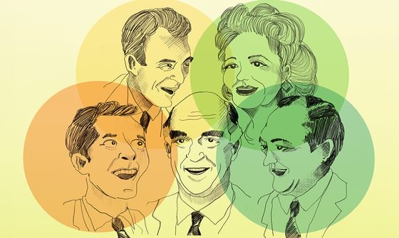 Five illustrations of people including four men and a woman on a pale yellow background with four coloured circles, orange, yellow, green, and blue