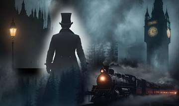 A dark foggy image of a man in a top hat walking away towards a streetlight in the distance with a steam train coming towards him and Big Ben in the background