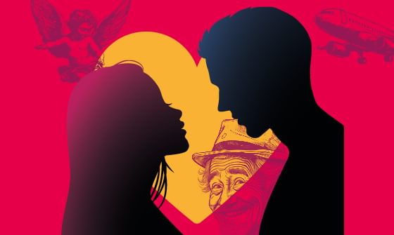 A silhouetted couple facing each other, with a yellow heart behind them on a pink background. A drawing of a cherub and an aeroplane are above, and an older man smiling in between the couple