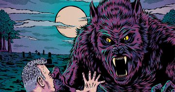 A comic style illustration of a large werewolf type creature looming over Stewart Lee in a graveyard at night