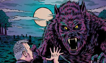 A comic style illustration of a large werewolf type creature looming over Stewart Lee in a graveyard at night
