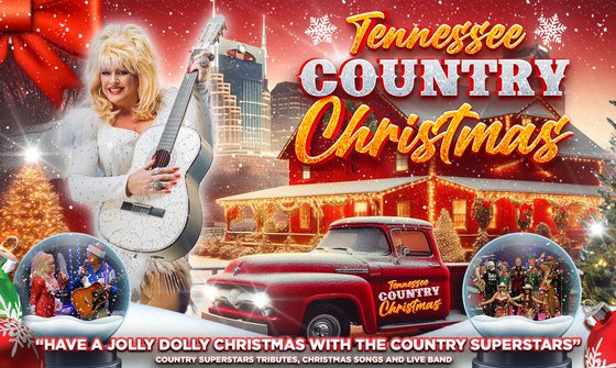 an image of a red American truck outside a house with two snow globes bottom left and right. There is an image of a Dolly Parton impersonator on the left all in white with a white guitar. It reads "Tennessee Country Christmas. Have a jolly Dolly Christmas with the Country Superstars"
