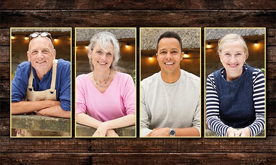 Four people (Steve Fletcher, Suzie Fletcher, Will Kirk, and Kirsten Ramsay) smiling, each in a separate portrait against a wooden background