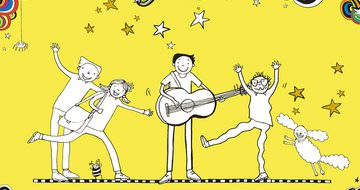An illustration of Tom Gates and his friends from their books. There is a tall boy, a girl with a bag, Tom with a guitar, a boy with glasses, and a dog stood on a black and white striped line on a yellow background. There is also a small insect under the girl. Above them is a lot of stars that are white and gold, as well as lots of colourful circular shapes, that has a spider hanging down from the left