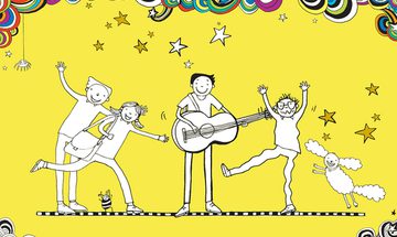 An illustration of Tom Gates and his friends from their books. There is a tall boy, a girl with a bag, Tom with a guitar, a boy with glasses, and a dog stood on a black and white striped line on a yellow background. There is also a small insect under the girl. Above them is a lot of stars that are white and gold, as well as lots of colourful circular shapes, that has a spider hanging down from the left