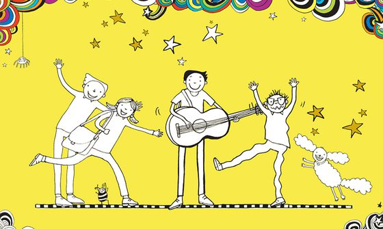 An illustration of Tom Gates and his friends from their books. There is a tall boy, a girl with a bag, Tom with a guitar, a boy with glasses, and a dog stood on a black and white striped line on a yellow background. There is also a small insect under the girl. Above them is a lot of stars that are white and gold, as well as lots of colourful circular shapes, that has a spider hanging down from the left
